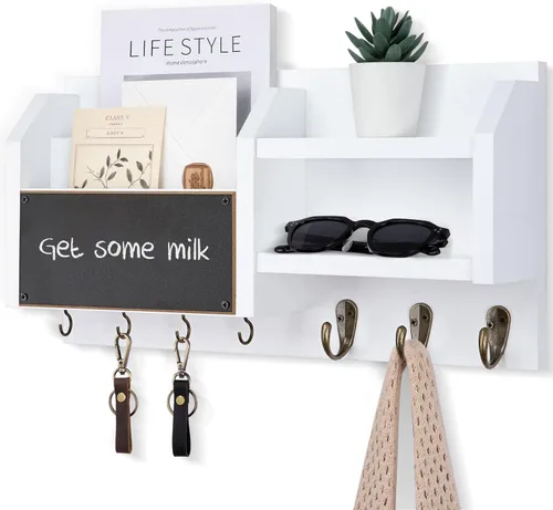 Vista 10 de Lwenki Soporte para llaves y correos – Colgador de pared para llaves con estante y 7 ganchos de metal – Organizador decorativo de entrada de madera