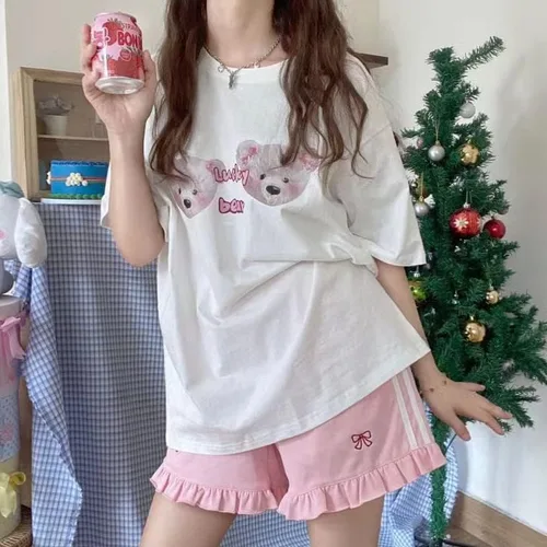 Vista 5 de Kawaii - Pantalones cortos con estampado de pajarita para mujer, pierna ancha, estética, pantalones cortos de yoga, pantalones cortos de sudor