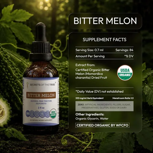 Vista 5 de Secrets of the Tribe Bitter Melon USDA Organic Extracto líquido sin alcohol para apoyo energético y digestivo Momordica Charantia frutos secos