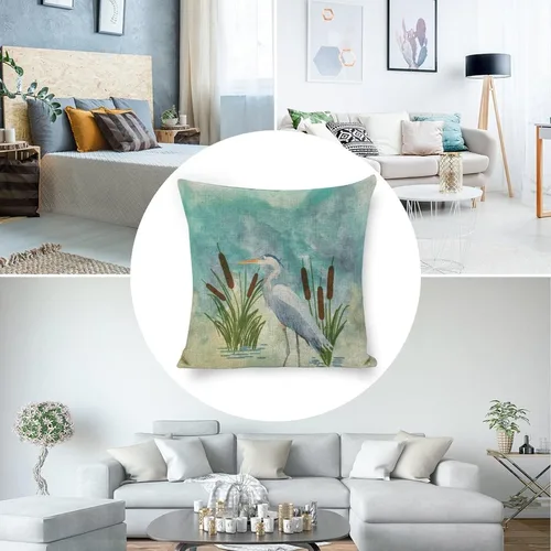 Vista 4 de Fundas de almohada decorativas de 18 x 18 pulgadas, acuarela azul garza cuadrada de lino, funda de cojín para sofá