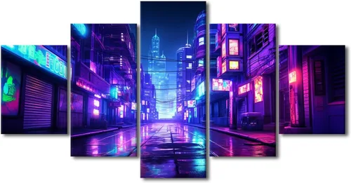 Vista 65 de Póster de 5 paneles en lienzo para decoración de pared, diseño de centro urbano Cyberpunk, impresión moderna, decoración de pared para el hogar
