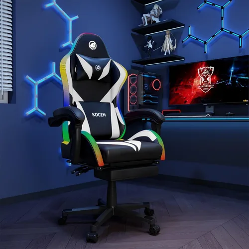 Vista 8 de Sillas de juego para adultos altos y niños, soporte lumbar, luces LED, respaldo alto, silla de computadora reclinable con reposacabezas