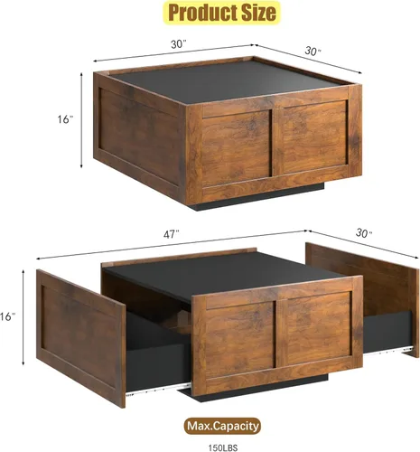 Vista 2 de HedoAjim - Mesa de centro de granja con 2 cajones de almacenamiento para sala de estar, mesa cuadrada central moderna, mesa de cóctel contemporánea