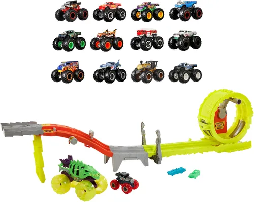 Vista 7 de Hot Wheels Monster Trucks - Juego de 4 juguetes, paquete de 4 vehículos Fang Frenzy a escala 1:64, ruedas gigantes, personajes favoritos