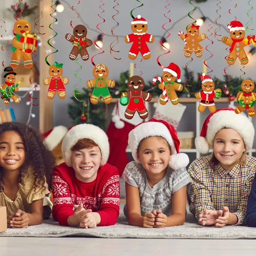 Vista 5 de Namalu 54 piezas de remolinos colgantes de hombre de jengibre de Navidad, decoraciones de hombre de jengibre para fiesta, remolinos colgantes