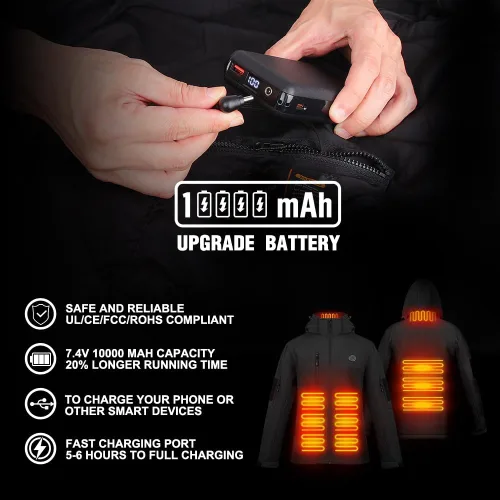 Vista 5 de Chaqueta térmica para mujer con batería, rompevientos impermeable, desmontable con capucha, chaqueta térmica eléctrica