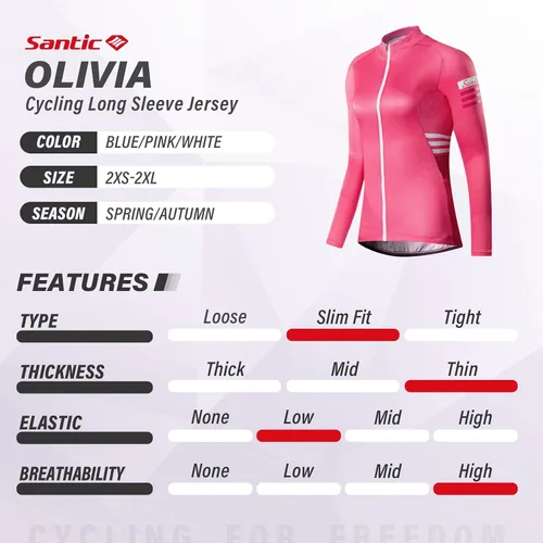 Vista 5 de Santic Maillot de ciclismo para mujer, manga larga, camisas de bicicleta, chaqueta de bicicleta con bolsillos