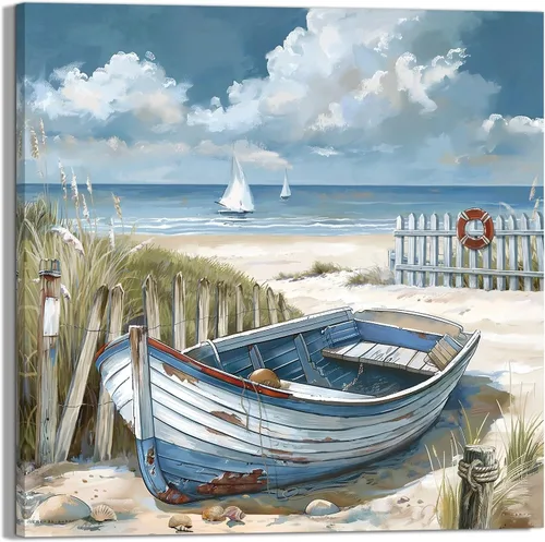 Vista 10 de Decoración de baño, arte de pared de playa, tema oceánico, imagen azul, impresión en lienzo, obra de arte costera moderna, enmarcada para colgar