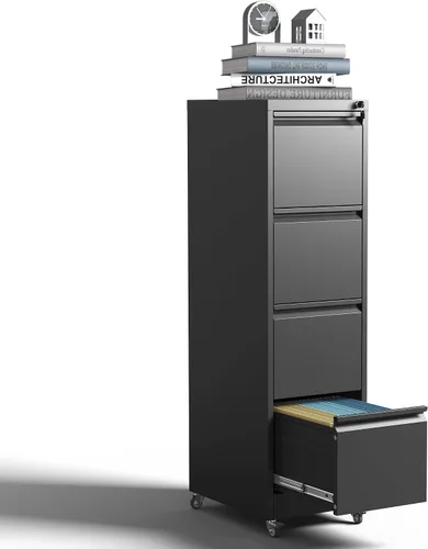 Vista 9 de Archivador de 5 cajones con cerradura, archivadores de metal sobre ruedas, cajones verticales de acero para oficina, almacenamiento para colgar
