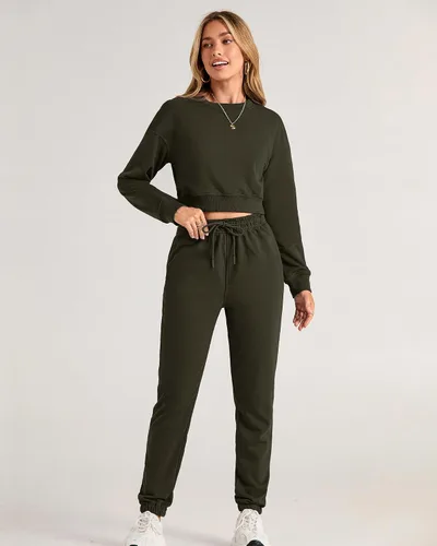 Vista 40 de BTFBM Conjunto deportivo de 2 piezas para mujer, camiseta corta de manga larga, sin botones, pantalón con cordón ajustable, pantalones deportivos