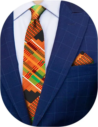 Vista 27 de Juego de corbata Kente con estampado africano y animal y pañuelo de bolsillo a juego