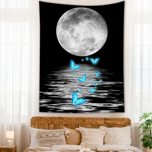 Vista 25 de LB Tapiz pequeño de luna llena sobre océano, tapiz de pared de cielo nocturno estrellado, fantasía 3D, arte de pared de luna grande en blanco