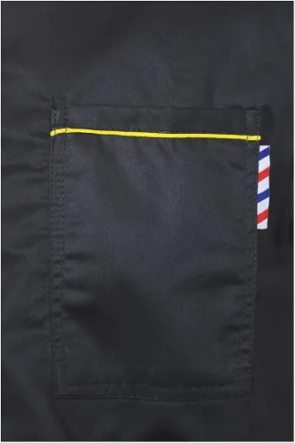 Vista 3 de Chaqueta profesional de peluquero para hombre, sin mangas, color negro, con 2 bolsillos para herramientas de peluquero y cremallera unidireccional