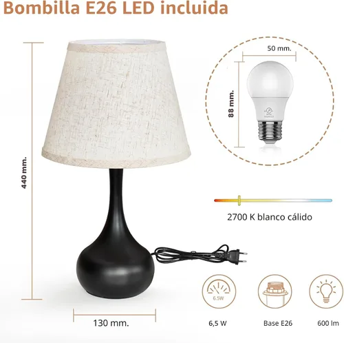 Vista 7 de ONEWISH - Juego de 2 lámparas de mesa de control táctil, de granja, regulables de 3 vías para mesita de noche con pantalla de tela, lámpara