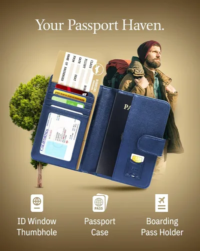 Vista 3 de Funda para pasaporte con bloqueo RFID, funda de cuero hecha a mano para pasaporte, organizador de documentos de viaje para hombres y mujeres, Azul