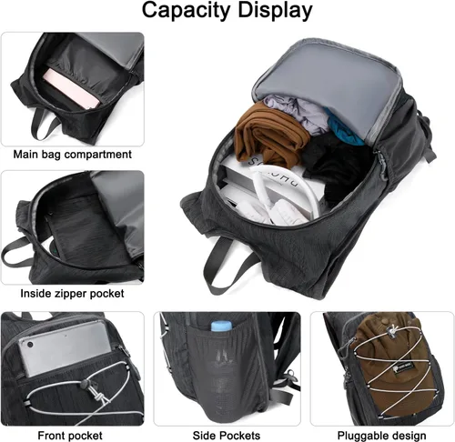 Vista 3 de BOVIP Mochila de senderismo de 20L Mochila de senderismo plegable ligera Mochila de viaje pequeño al aire libre Bolsa de hombro plegable Negro