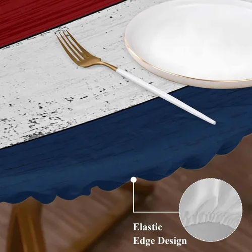 Vista 4 de Mantel redondo ajustable azul marino, rojo y blanco con borde elástico, mantel para exteriores, impermeable, a rayas, de madera de granja