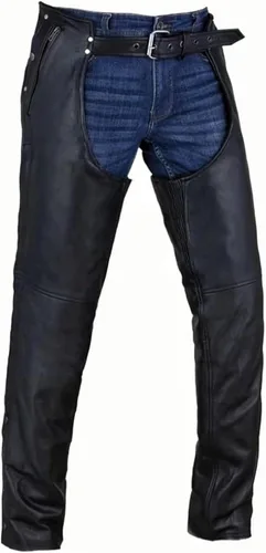 Vista 7 de GARGOYLE BELLS Chanclas de cuero para motocicleta para hombres y mujeres, pantalones de cuero suave con abertura para motociclista