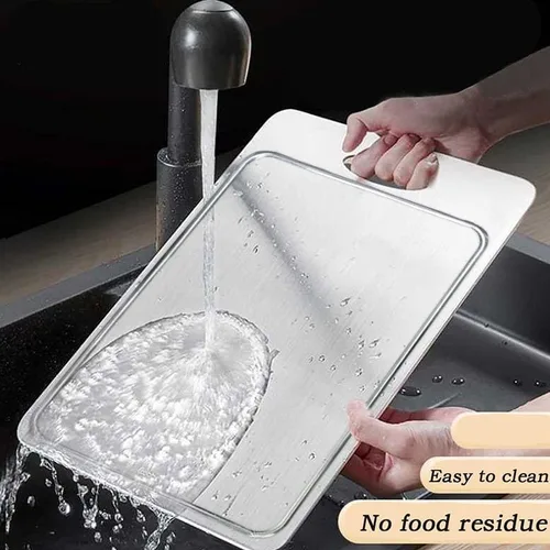 Vista 2 de Tabla de cortar de acero inoxidable con ranura de jugo integrada que ayuda a recolectar líquidos y evitar derrames, tabla de cortar de metal