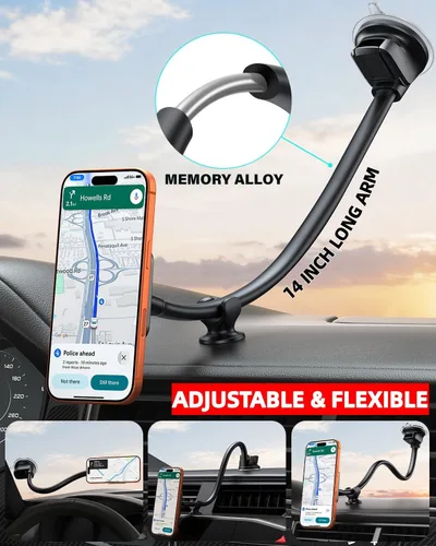 Vista 2 de Soporte de teléfono para automóvil Magsafe de 14 pulgadas, extensión de brazo largo con cuello de cisne Universal Windshield Dashboard