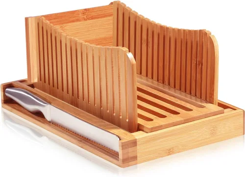 Vista 9 de Bambüsi Cortador de pan de bambú con cuchillo, grosor de 3 rebanadas, guía de corte compacta plegable con bandeja para migas, cuchillo de pan