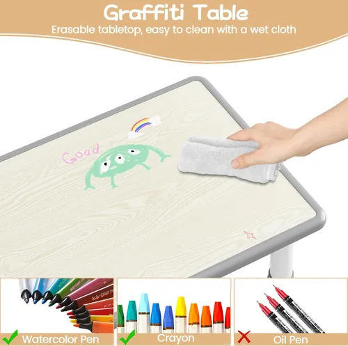 Vista 3 de Juego de mesa y 4 sillas para niños, mesa y sillas ajustables en altura para niños de 2 a 10 años, escritorio con graffiti, patas antideslizantes