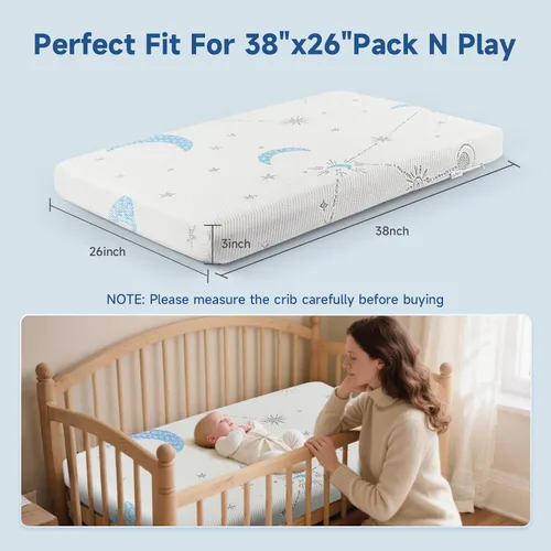 Vista 2 de PanKers Colchón Pack and Play de 38 x 26 pulgadas, colchón de espuma viscoelástica prémium de doble cara Pack N Play para bebé pequeño, colchón
