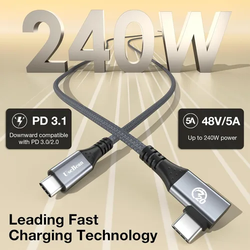 Vista 2 de UseBean Cable USB C a USB C de 240 W de 0.6 pies [2 unidades], cable de datos USB C 3.2 Gen 2X2 20Gbps de ángulo recto, salida de video 4K, cable