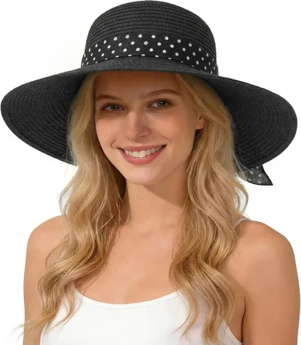 Vista 11 de Sombreros de paja Sun Beach para mujer, sombrero de ala ancha de verano 2-Beige