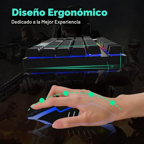 Vista 3 de Combo de teclado y mouse para juegos RGB, teclado mecánico con retroiluminación ajustable de 4 colores y mouse con retroiluminación de 4800DPI