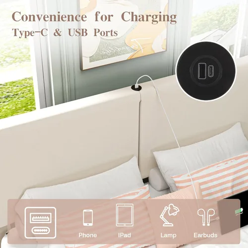 Vista 3 de VECELO Base de cama Queen con puertos tipo C y USB, plataforma tapizada de algodón y lino ajustable en altura ajustable, no necesita somier, sin