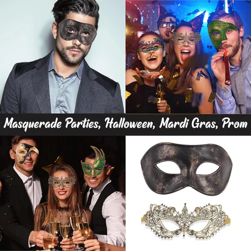 Vista 5 de Máscara de máscaras para parejas, a juego, para hombres y mujeres, para fiesta de máscaras, Mardi Gras, fiesta veneciana, baile de graduación