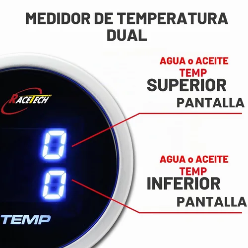 Vista 3 de RACETECH Medidor de temperatura dual eléctrico de 52mm (2-1/16") – Temperatura de agua y aceite/refrigerante – Pantalla LED azul digital