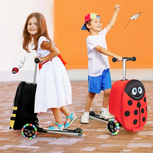 Vista 8 de HONEY JOY Maleta de scooter para niños, equipaje de mano de 18 pulgadas con ruedas LED iluminadas, carcasa impermeable y mango retráctil, maleta