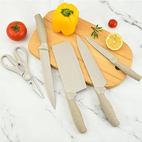Vista 2 de Juego de cuchillos de cocina de acero inoxidable con revestimiento de madera de 6 piezas con bloque (beige) Wood Grain Handle,Non-Stick,Sharp