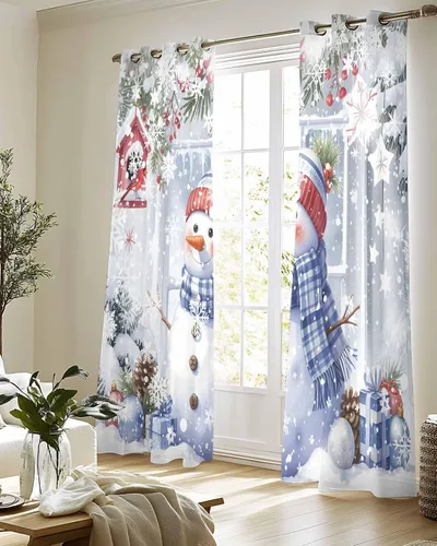 Vista 8 de Cortinas traslúcidas de invierno con diseño de muñeco de nieve de 63 pulgadas de largo, juego de 2 paneles de cortinas para cocina, dormitorio, sala