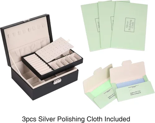 Vista 5 de Joyero para mujer cuero con candado organizador portátil de joyas de 2 capas y caja de almacenamiento collares pulseras anillos soporte para aretes