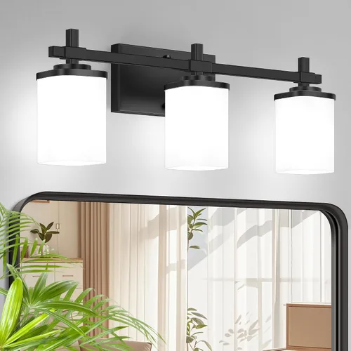 Vista 8 de 2 luces de tocador de baño, accesorios de luz de tocador negro mate sobre espejo, apliques de pared modernos con pantalla de vidrio transparente