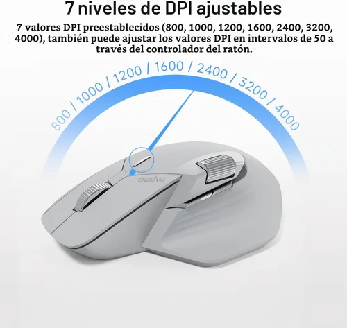 Vista 6 de Rapoo MT760Mini Ratón Inalámbrico Bluetooth - Bluetooth 5.0 y 2.4GHz Conexión Multi-Modo, Compatible con 4 Dispositivos, Tecnología M+ Cross Gris