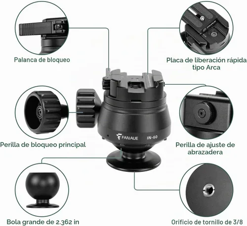 Vista 3 de FANAUE 60mm Tripod Ball Head Compatible with Arca Quick Release Plate,Quick Locking, Professional Aluminum Ball Head - IN-60T