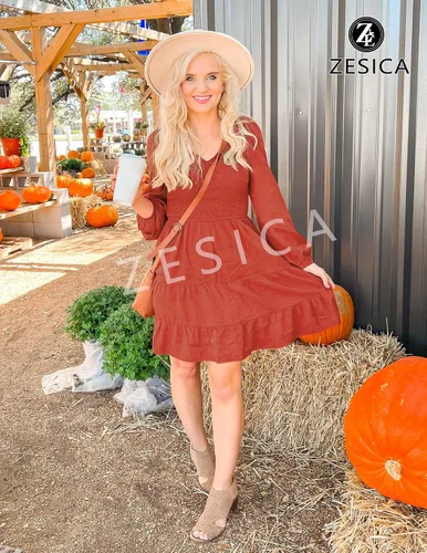 Vista 6 de ZESICA - Minivestido casual con cuello en V y manga larga para mujer, fruncido, de cintura alta y con volantes, vestido acampanado y escalonado