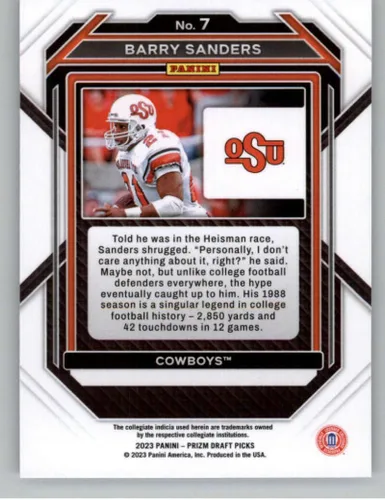 Vista 2 de 2023 Panini Prizm Draft Picks #7 Barry Sanders Oklahoma State Cowboys - Tarjeta oficial de fútbol de la NCAA en estado crudo (NM o mejor)
