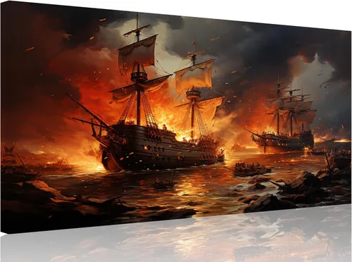 Vista 24 de TutuBeer 3 Piezas Arte de Pared Batalla Naval Barco Imagen Barco Pirata Velero Póster Barco Pirata Azul en Llamas Imagen Impresa en Lienzo Póster