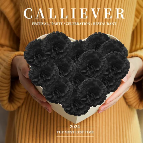 Vista 8 de Flor de clavel artificial, 50 piezas de clavel de seda negra a granel con Negro