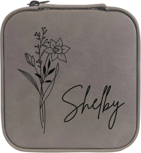 Vista 88 de Joyero de flores de nacimiento personalizado Estuche de viaje (cuero crudo, abril - guisante dulce)