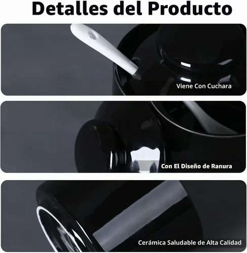 Vista 2 de ONTUBE Azucarero de cerámica con tapa y cuchara, tarro de azúcar de porcelana, 8oz (Negro) Porcelain, 8oz, white, lid & spoon, airtight