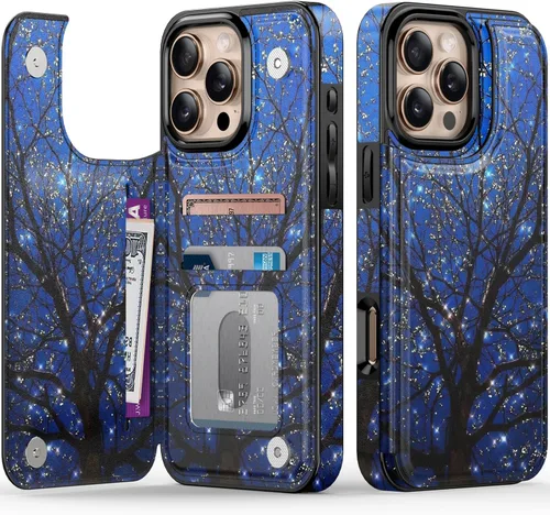 Vista 90 de FUNMIKO Funda tipo cartera para iPhone 13 con tarjetero, bloqueo RFID, protección de grado militar y obras de arte impresas con rayos UV, cierre