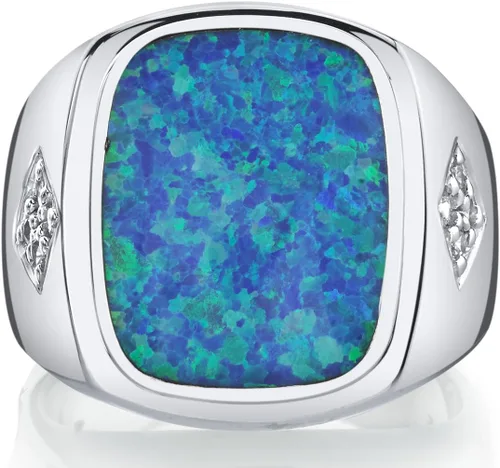 Vista 2 de PEORA Anillo de plata de ley 925 con diseño de caballero de ópalo de fuego azul para hombre, tamaño grande de 0.591 x 0.472 in, tallas 8 a 13