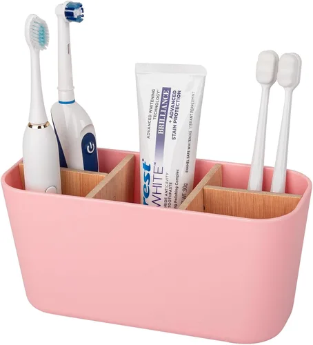 Vista 14 de Portacepillos de dientes para baños, soporte para cepillos de dientes de bambú con 5 ranuras, organizador de tocador de baño para encimera