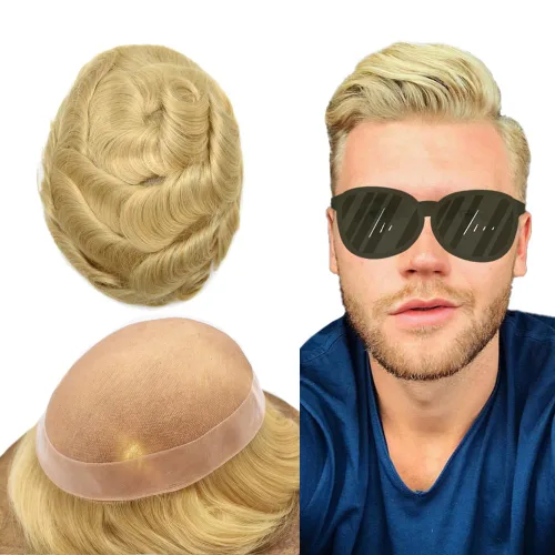 Vista 58 de Toupee de cabello humano fino mono revestido de poliéster para hombre, postizo de monofilamento duradero NPU monofilamento tupé para hombres